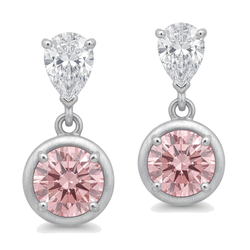 Boucles d'oreilles pendantes en diamant rose de laboratoire 3 carats, lunette ronde et têtes poire, or blanc 14K