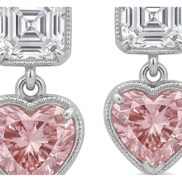 Boucles d'oreilles pendantes en diamant rose de laboratoire 4,5 carats, cœur milgrain et hauts Asscher en Or Blanc 14 carats