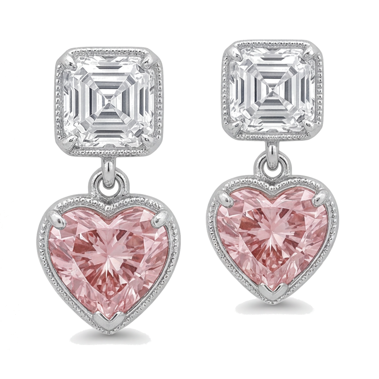 Boucles d'oreilles pendantes en diamant rose de laboratoire 4,5 carats, cœur milgrain et hauts Asscher en Or Blanc 14 carats