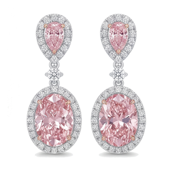 Boucles d'oreilles pendantes en diamant rose de laboratoire 4,5 carats, halo ovale et sommets poire, Or Blanc 14 carats