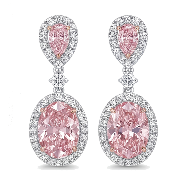 Boucles d'oreilles pendantes en diamant rose de laboratoire 4,5 carats, halo ovale et têtes poire, Or Blanc 14K
