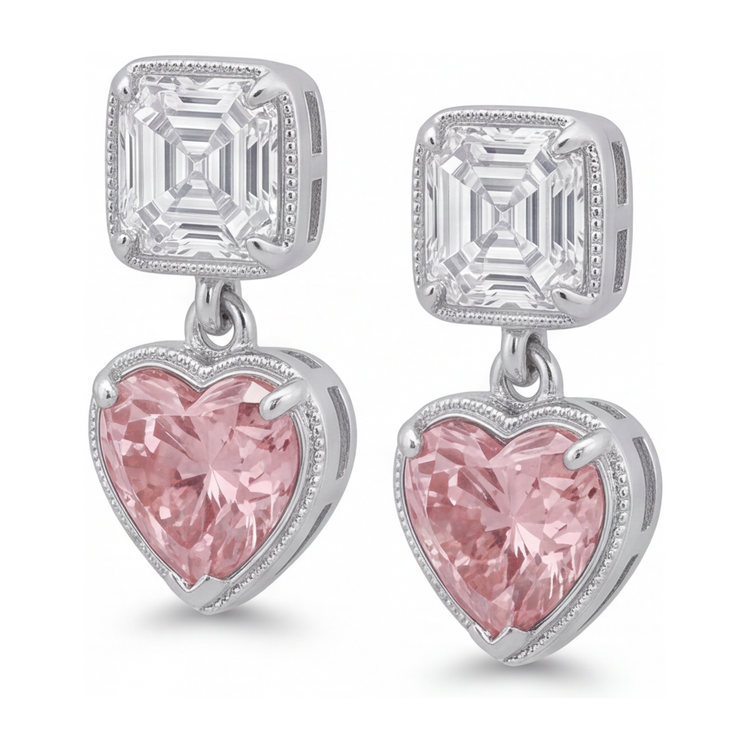 Boucles d'oreilles pendantes en diamant rose de laboratoire 4,5 carats, cœur milgrain et hauts Asscher en Or Blanc 14 carats