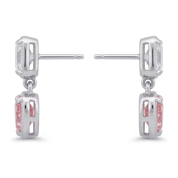 Boucles d'oreilles pendantes en diamant rose de laboratoire 4,5 carats, cœur milgrain et hauts Asscher en Or Blanc 14 carats