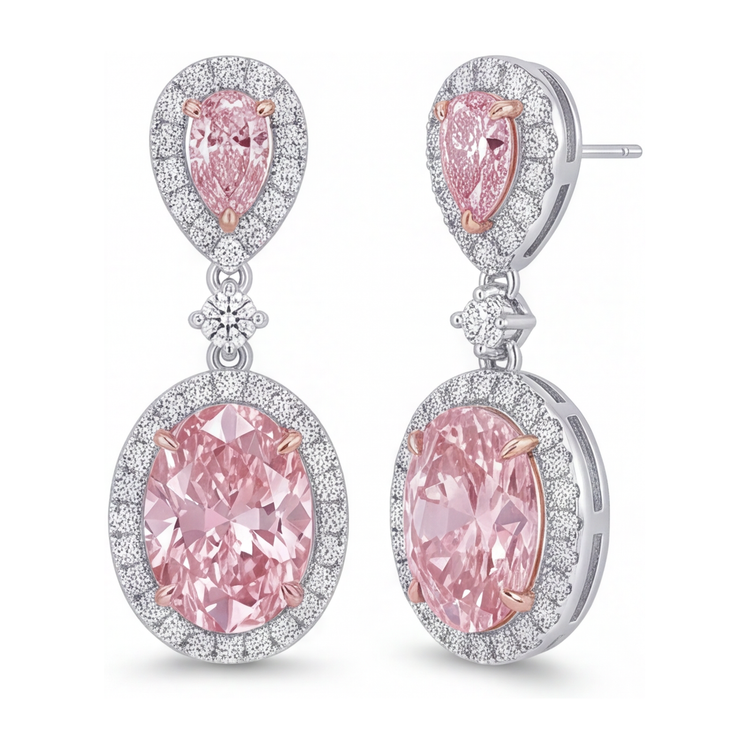 Boucles d'oreilles pendantes en diamant rose de laboratoire 4,5 carats, halo ovale et sommets poire, Or Blanc 14 carats