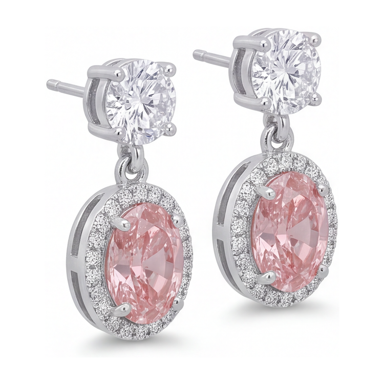Boucles d'oreilles pendantes en Or Blanc 14 carats, diamant rose de laboratoire 4 carats, Halo ovale