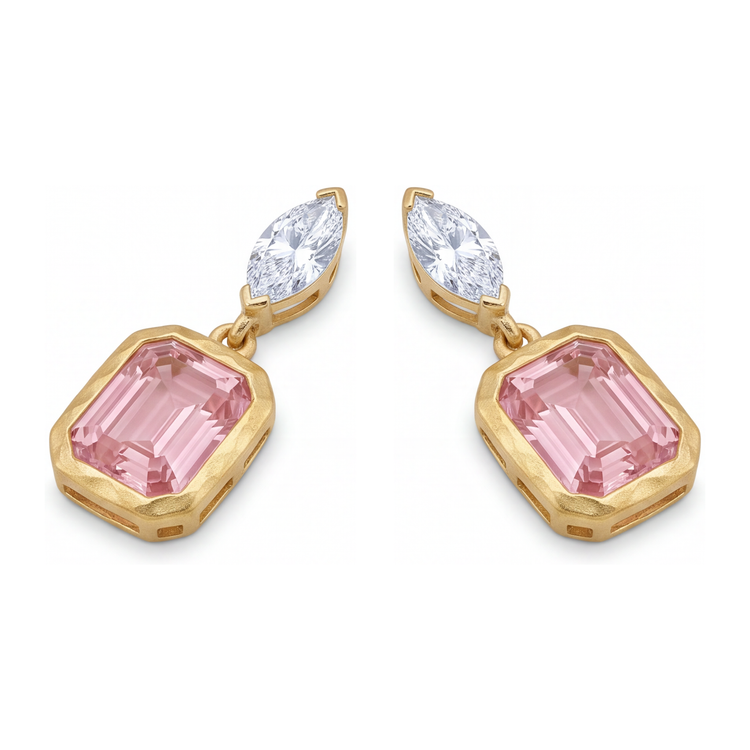 Boucles d'oreilles pendantes en diamant rose 4 carats de laboratoire, taille émeraude, lunette, hauts marquise, or jaune 14 carats