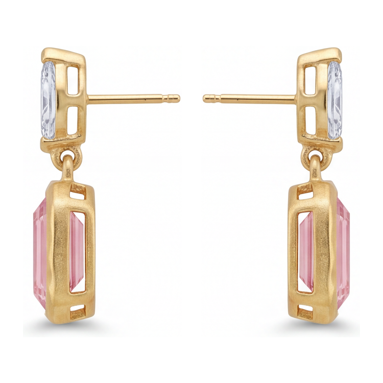 Boucles d'oreilles pendantes en diamant rose 4 carats de laboratoire, taille émeraude, lunette, hauts marquise, or jaune 14 carats