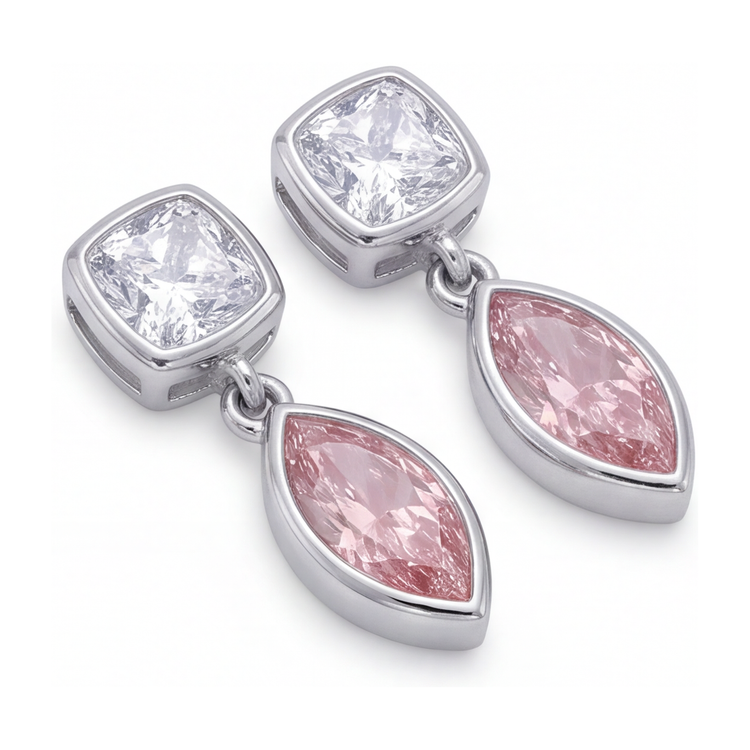 Boucles d'oreilles pendantes en diamant rose de laboratoire 4 carats, marquise, lunette, hauts coussin, or blanc 14 carats
