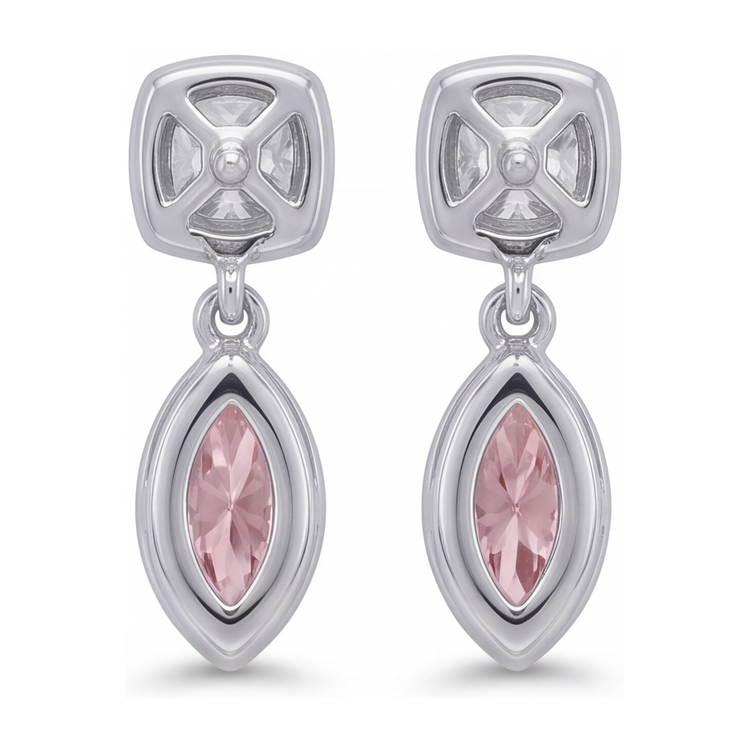 Boucles d'oreilles pendantes en diamant rose de laboratoire 4 carats, marquise, lunette, hauts coussin, or blanc 14 carats