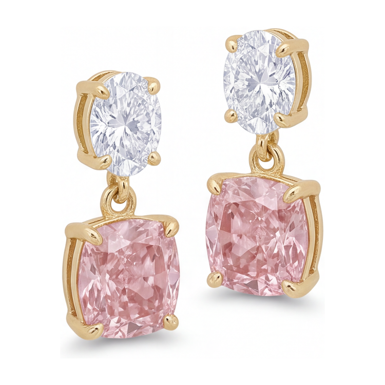 Boucles d'oreilles pendantes en diamant rose de laboratoire 4 carats, taille coussin et dessus ovale, or jaune 14 carats