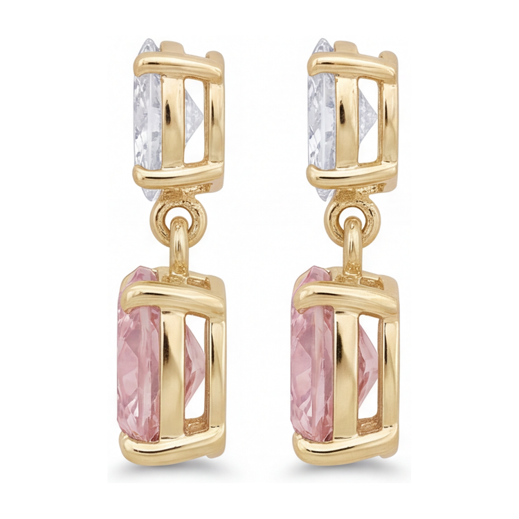 Boucles d'oreilles pendantes avec diamants roses de laboratoire 4 carats, taille coussin et têtes ovales en Or Jaune 14 carats