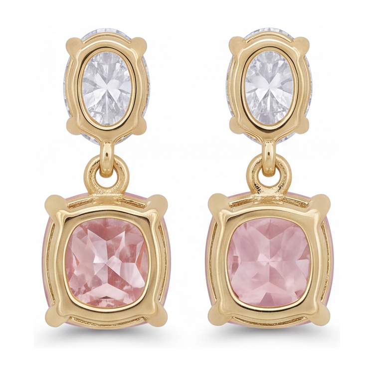 Boucles d'oreilles pendantes avec diamants roses de laboratoire 4 carats, taille coussin et têtes ovales en Or Jaune 14 carats