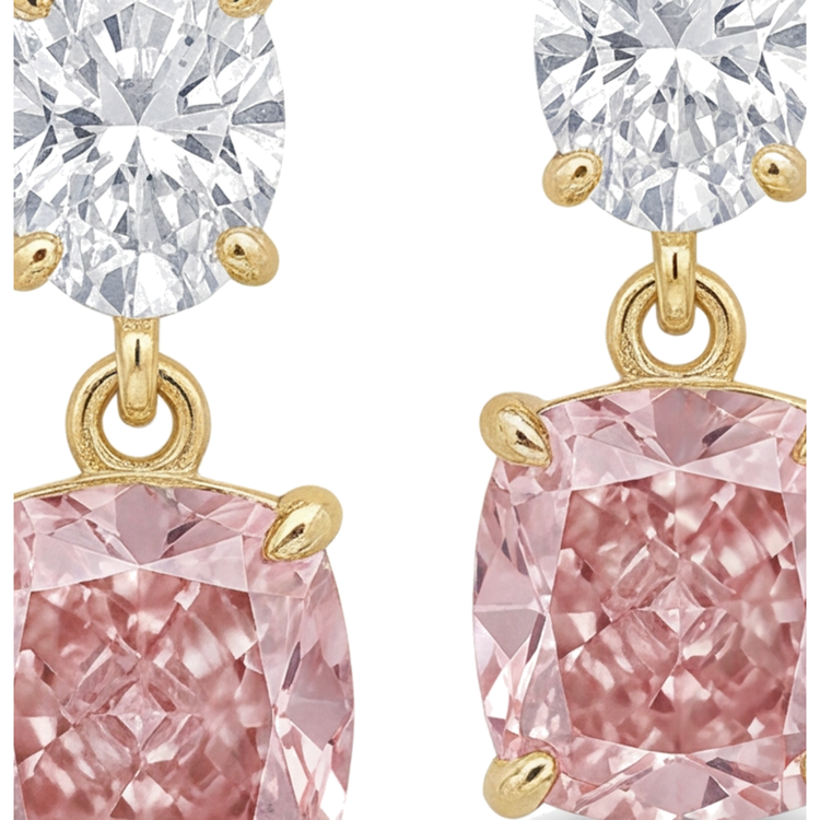 Boucles d'oreilles pendantes en diamant rose de laboratoire 4 carats, taille coussin et dessus ovale, or jaune 14 carats