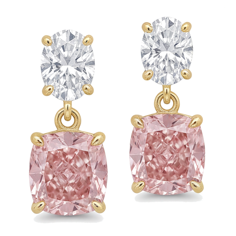 Boucles d'oreilles pendantes avec diamants roses de laboratoire 4 carats, taille coussin et têtes ovales en Or Jaune 14 carats