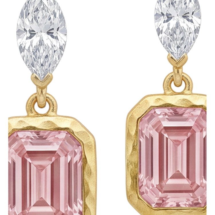 Boucles d'oreilles pendantes en diamant rose 4 carats de laboratoire, taille émeraude, lunette, hauts marquise, or jaune 14 carats