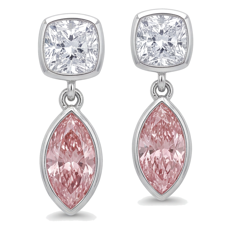 Boucles d'oreilles pendantes en diamant rose de laboratoire 4 carats, lunette marquise et têtes coussin en Or Blanc 14 carats
