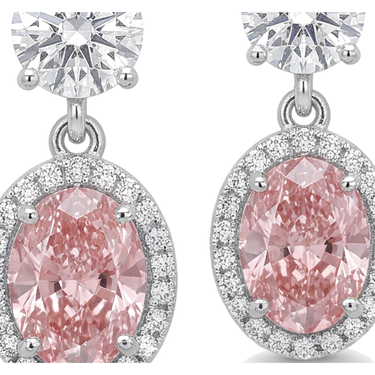 Boucles d'oreilles pendantes en Or Blanc 14 carats, diamant rose de laboratoire 4 carats, Halo ovale