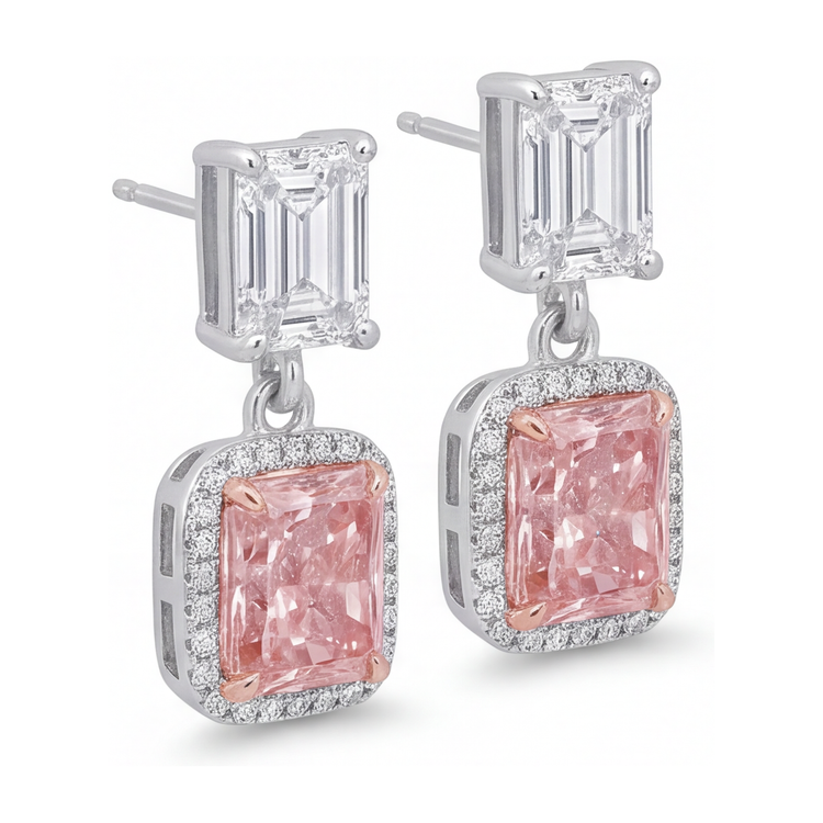 Boucles d'oreilles pendantes avec diamants roses de laboratoire 5 carats, Halo radiant, hauts Taille Émeraude, Or Blanc 14 carats