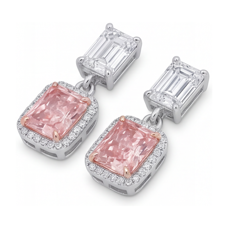 Boucles d'oreilles pendantes avec diamants roses de laboratoire 5 carats, Halo radiant, hauts Taille Émeraude, Or Blanc 14 carats