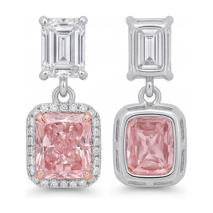 Boucles d'oreilles pendantes avec diamants roses de laboratoire 5 carats, Halo radiant, hauts Taille Émeraude, Or Blanc 14 carats