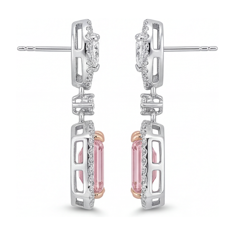 Boucles d'oreilles pendantes en Or Blanc 14 carats avec diamants roses de laboratoire 5 carats, Taille Émeraude et Halo