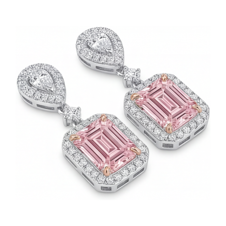 Boucles d'oreilles pendantes avec diamant rose 5 carats de laboratoire, Taille Émeraude et Halo, en Or Blanc 14 carats