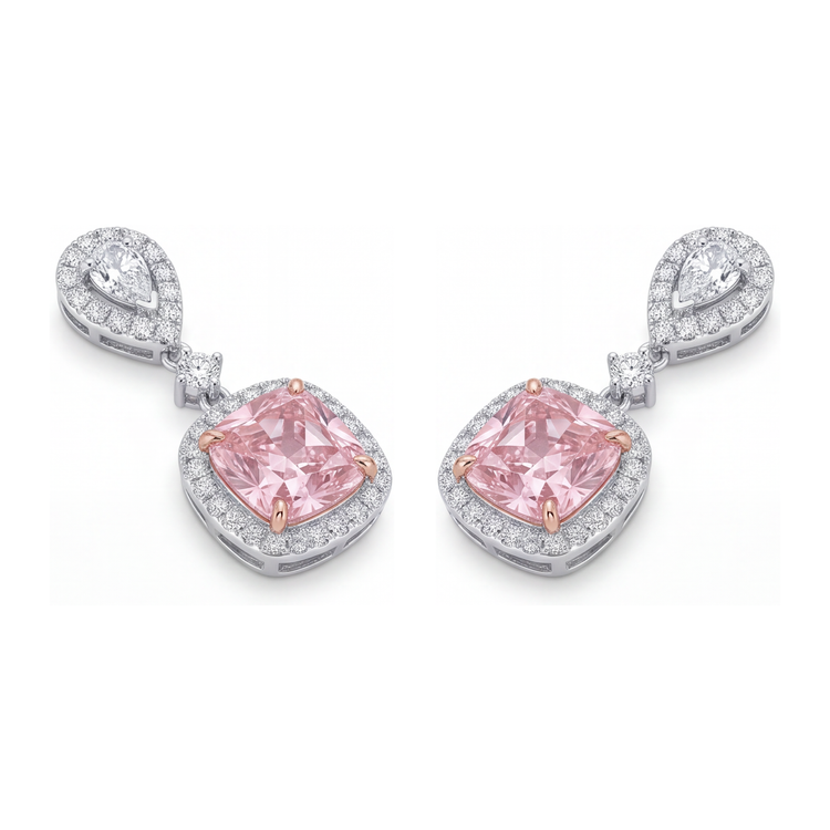 Boucles d'oreilles pendantes en Or Blanc 14 carats, diamants roses de laboratoire 5 carats, halo coussin et sommets poire