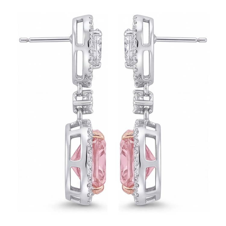 Boucles d'oreilles pendantes en Or Blanc 14 carats, diamants roses de laboratoire 5 carats, halo coussin et sommets poire
