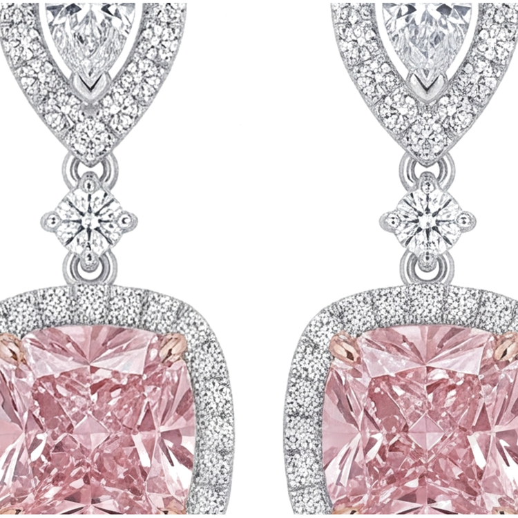 Boucles d'oreilles pendantes en diamant rose de laboratoire 5 carats, halo coussin et têtes poire, Or Blanc 14K
