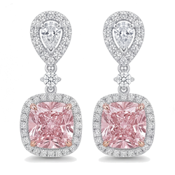 Boucles d'oreilles pendantes en diamant rose de laboratoire 5 carats, halo coussin et têtes poire, Or Blanc 14K