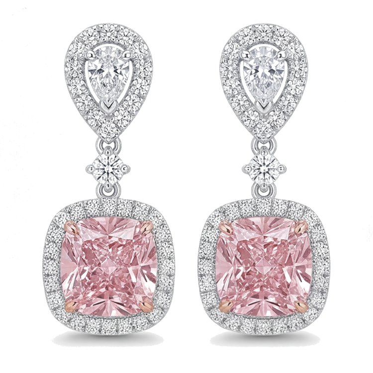 Boucles d'oreilles pendantes en diamant rose de laboratoire 5 carats, halo coussin et têtes poire, Or Blanc 14K