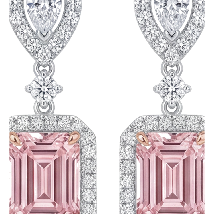 Boucles d'oreilles pendantes avec diamant rose 5 carats de laboratoire, Taille Émeraude et Halo, en Or Blanc 14 carats