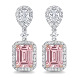 Boucles d'oreilles pendantes en Or Blanc 14 carats avec diamants roses de laboratoire 5 carats, Taille Émeraude et Halo