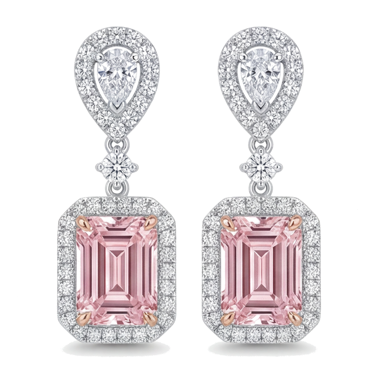 Boucles d'oreilles pendantes avec diamant rose 5 carats de laboratoire, Taille Émeraude et Halo, en Or Blanc 14 carats