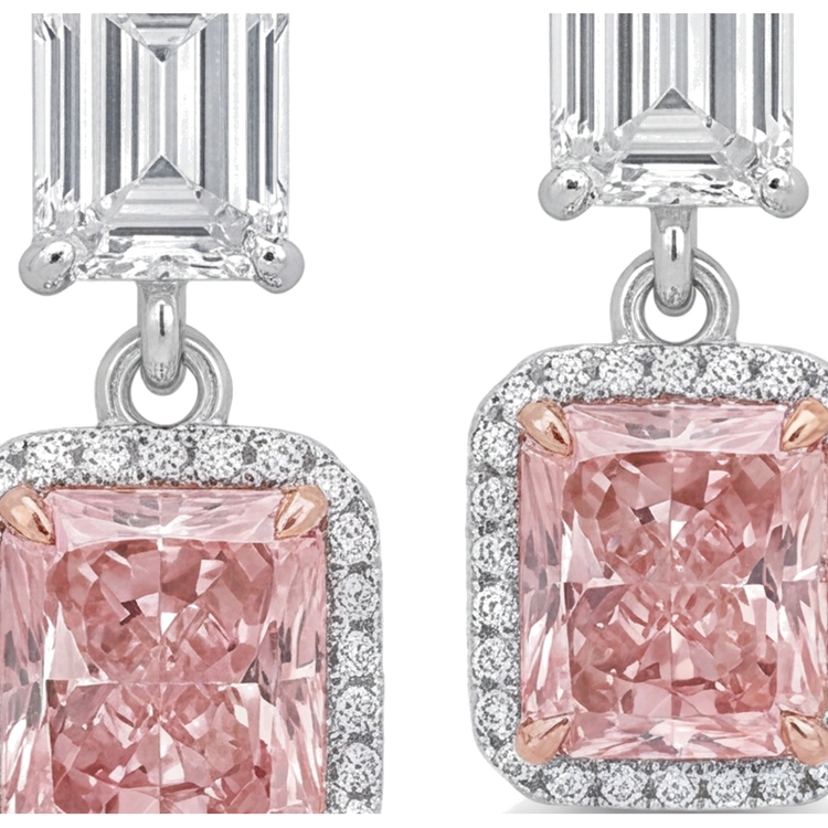 Boucles d'oreilles pendantes avec diamants roses de laboratoire 5 carats, Halo radiant, hauts Taille Émeraude, Or Blanc 14 carats