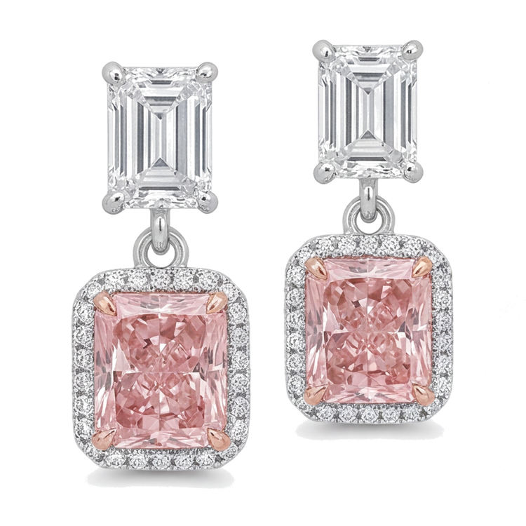Boucles d'oreilles pendantes en diamants roses de laboratoire 5 carats, Halo radiant et têtes Taille Émeraude en Or Blanc 14K