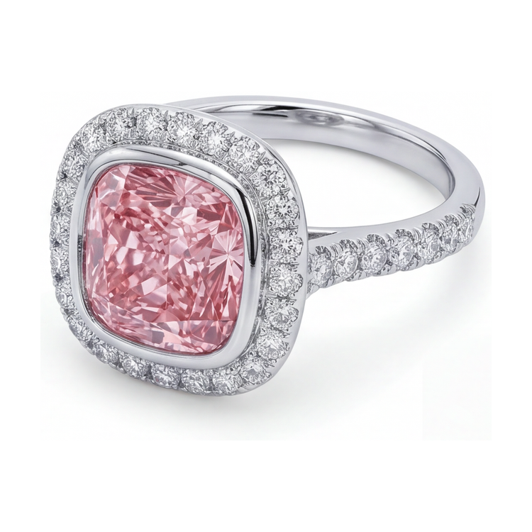Bague de Fiançailles Diamant Rose 3,35 Carats Taille Coussin