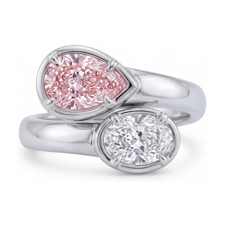 Bague Toi et Moi croisée en diamant rose taille poire 3,2 carats
