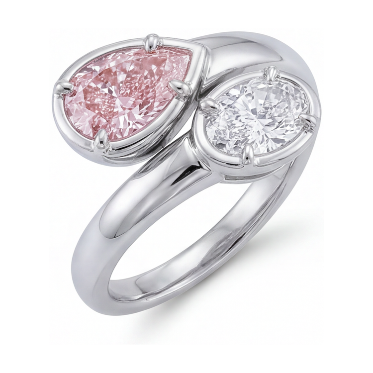 Bague Toi et Moi croisée en diamant rose taille poire 3,2 carats