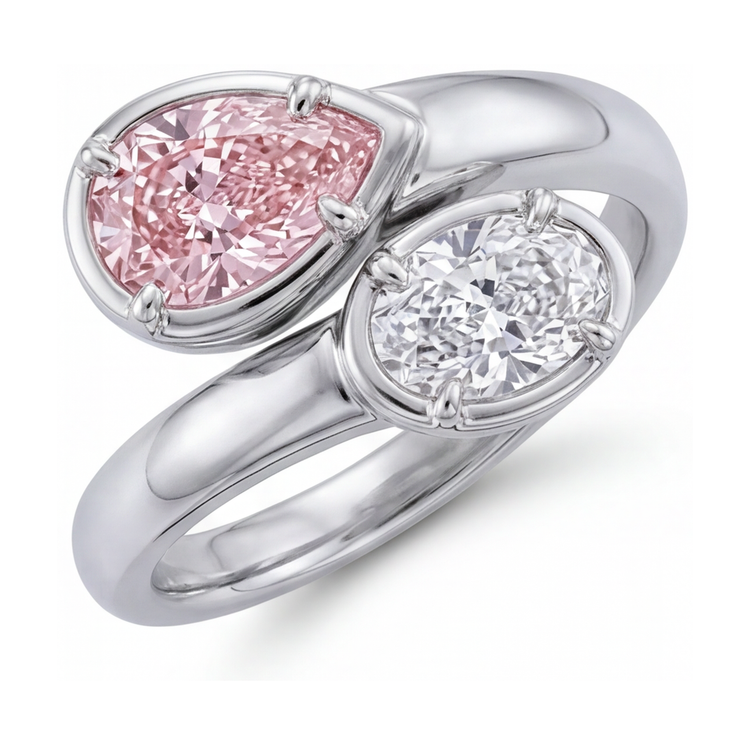 Bague Toi et Moi croisée en diamant rose taille poire 3,2 carats