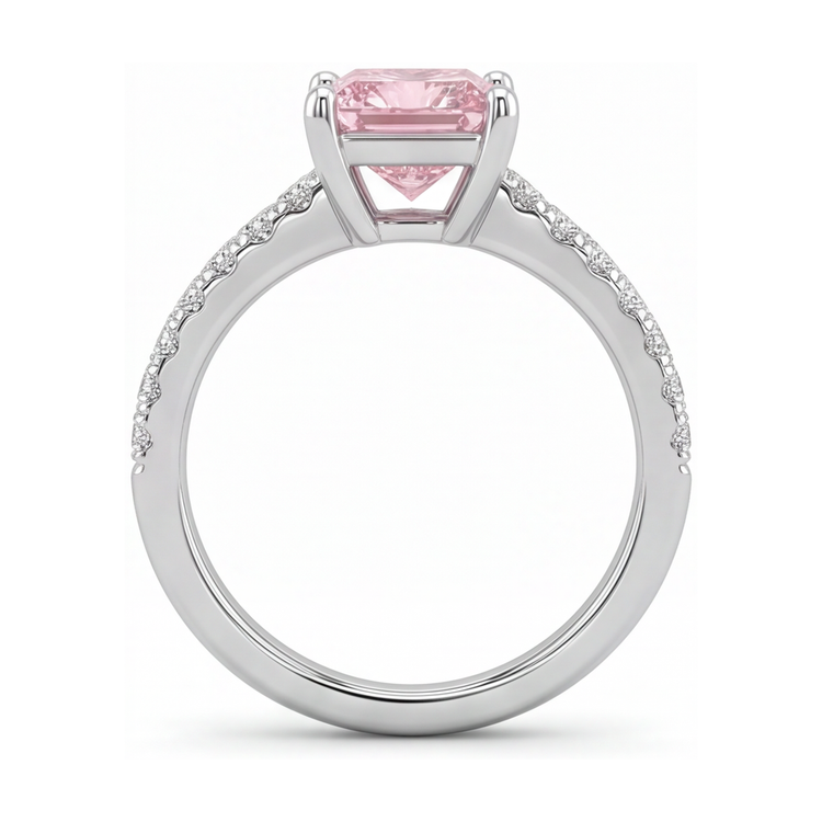 Bague Solitaire Pavée Diamant Rose de laboratoire 3,5 Carats Taille Princesse en Or Blanc 14 Carats