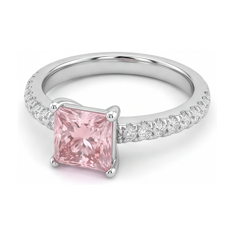 Bague Solitaire Pavée en Diamant Rose de Laboratoire 3,5 Carats Taille Princesse en Or Blanc 14 Carats