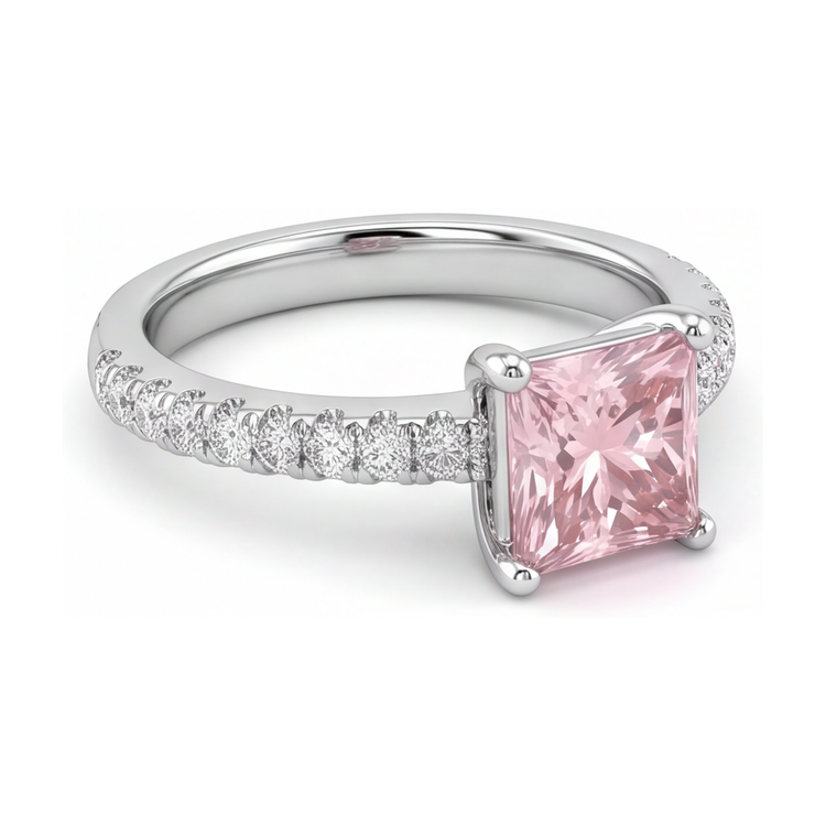 Bague Solitaire Pavée Diamant Rose de laboratoire 3,5 Carats Taille Princesse en Or Blanc 14 Carats
