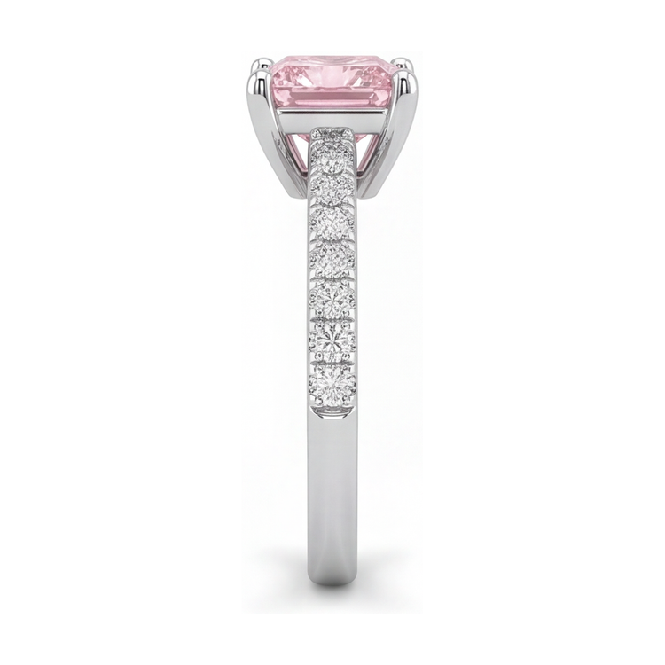 Bague Solitaire Pavée Diamant Rose de laboratoire 3,5 Carats Taille Princesse en Or Blanc 14 Carats