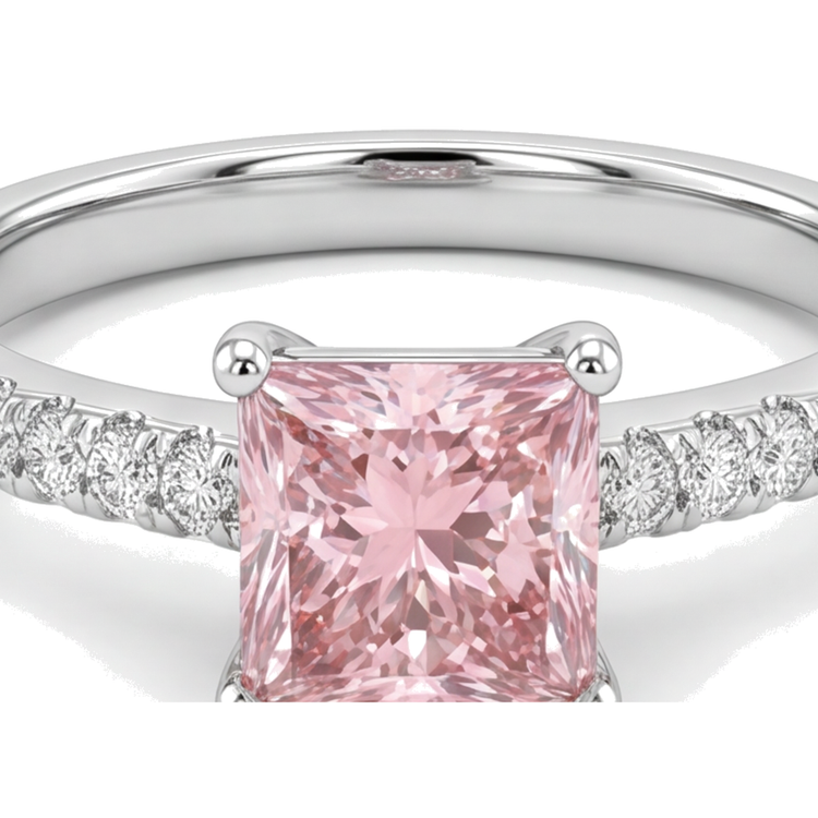 Bague Solitaire Pavée Diamant Rose de laboratoire 3,5 Carats Taille Princesse en Or Blanc 14 Carats