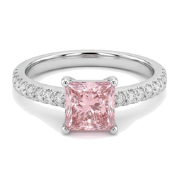 Bague Solitaire Pavée Diamant Rose de laboratoire 3,5 Carats Taille Princesse en Or Blanc 14 Carats