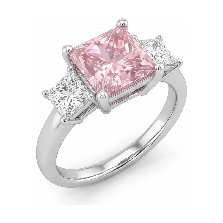 Bague Trois Pierres en Or Blanc 14K avec Diamant Rose de Laboratoire Taille Princesse 4,5 Carats