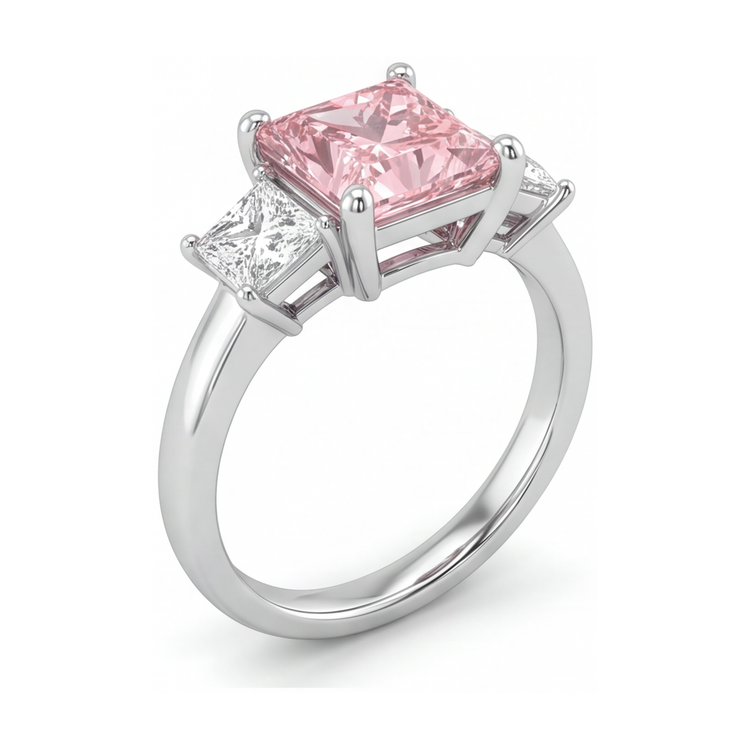 Bague Trois Pierres en Or Blanc 14K avec Diamant Rose de Laboratoire Taille Princesse 4,5 Carats
