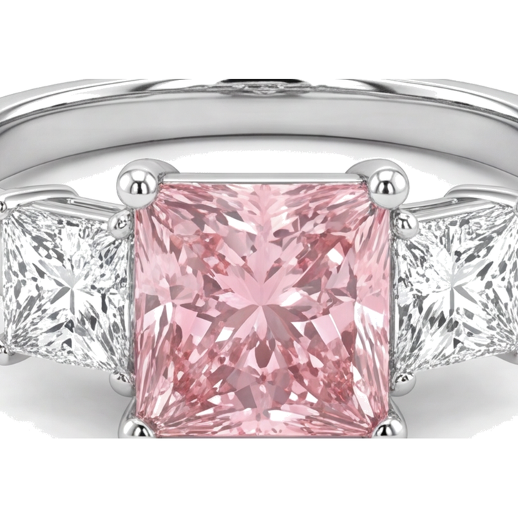 Bague Trois Pierres en Or Blanc 14K avec Diamant Rose de Laboratoire Taille Princesse 4,5 Carats