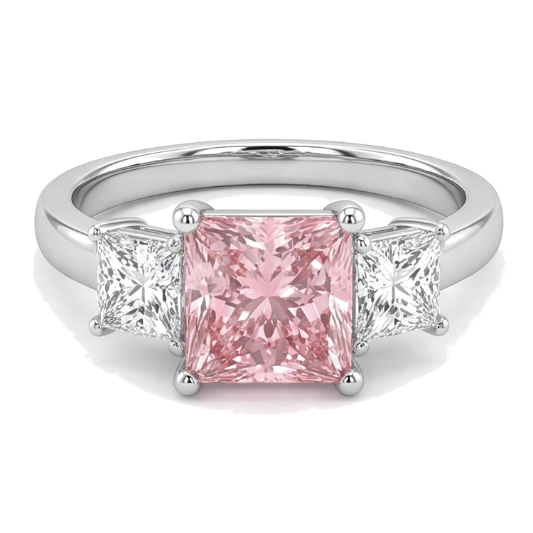 Bague Trois Pierres en Or Blanc 14K avec Diamant Rose de Laboratoire Taille Princesse 4,5 Carats